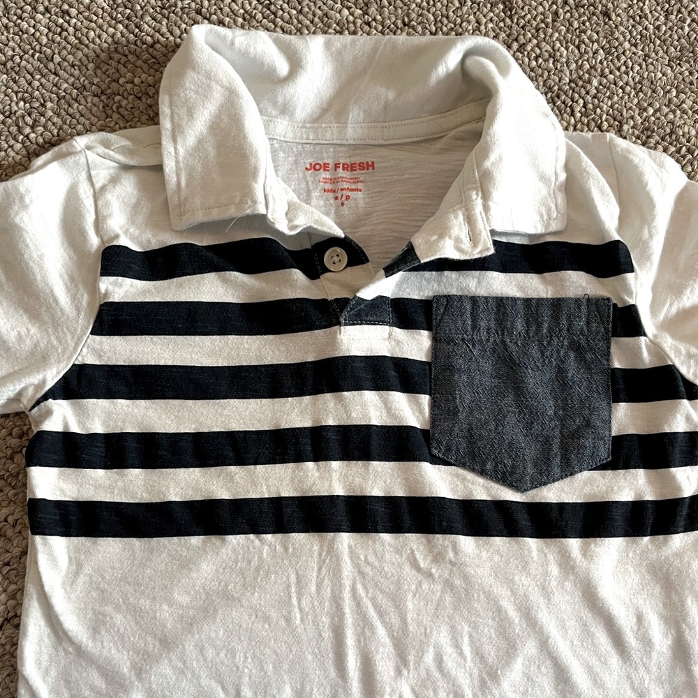 Joe Fresh Sz 6 polo tee, white with navy striping & denim-look pocket